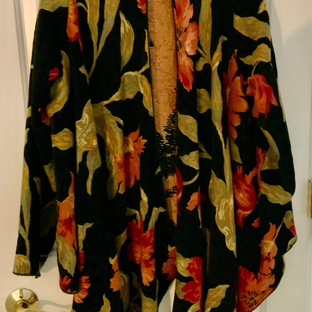 3/4 length irregular hem jacket/ coat black with burnt orange and lime green pri